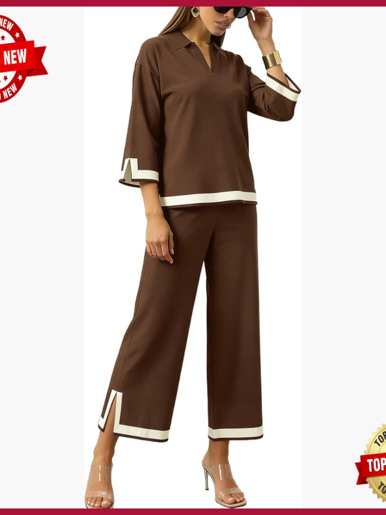 Women's 2-Piece Knit Sweater Top Wide Leg Pants Set Travel Tracksuit